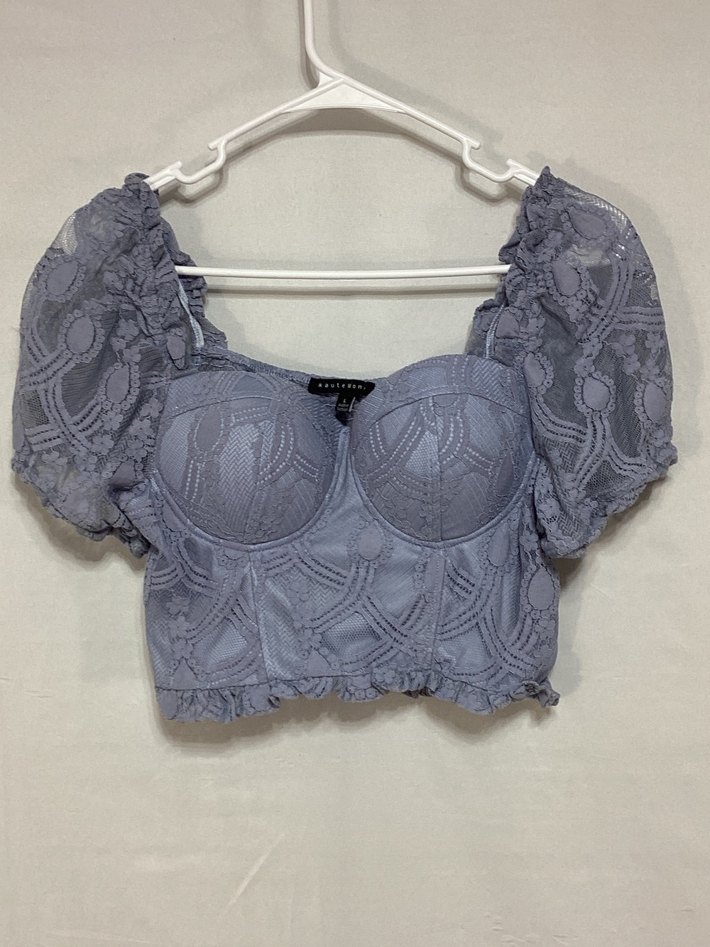 Haute Monde Large blue Lace Corset Puff-Sleeve Crop Top